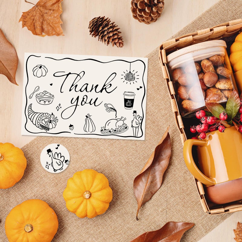 Whaline 24 Pack Thanksgiving Thank You Cards Fall Black Turkey Pumpkin Pie Thank You Greeting Note Cards with Envelope Sticker for Autumn Harvest Wedding - Image 5